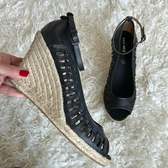 Nine West Faux Leather Woven Espadrille wedge platform Heel Shoes Sz 10 Black - Picture 1 of 8